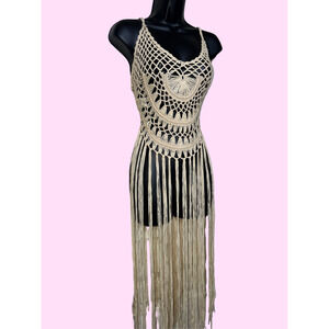 New Small Khaki Beige Knit Fringe Crochet Swimsuit Cover‎ Up Maxi Dress Beach